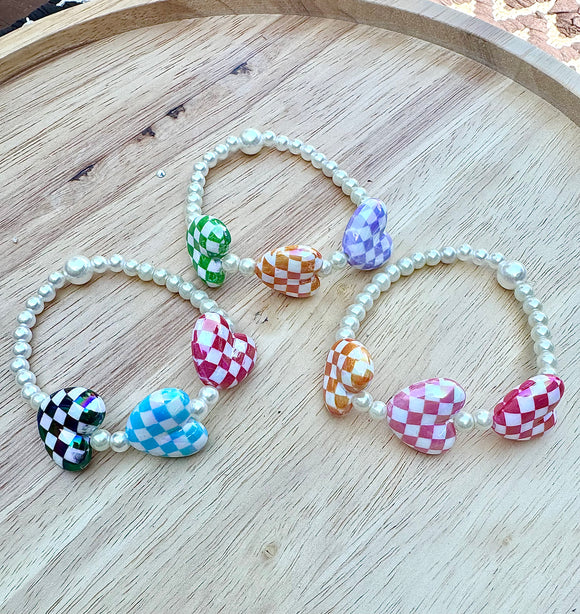 Pearl, Love, & Checkered Stretch Bracelets